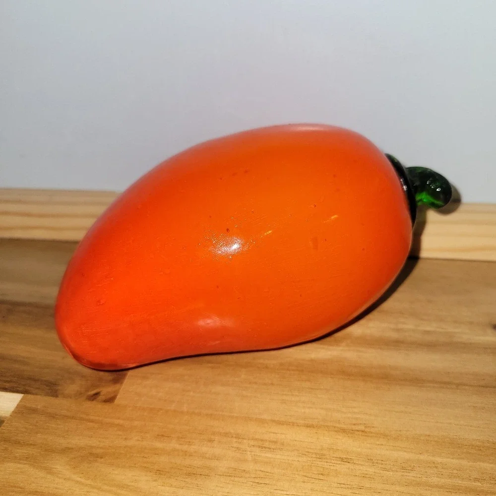 Murano Style Glass Orange Colored Mango with Green Leaf and Stem 6